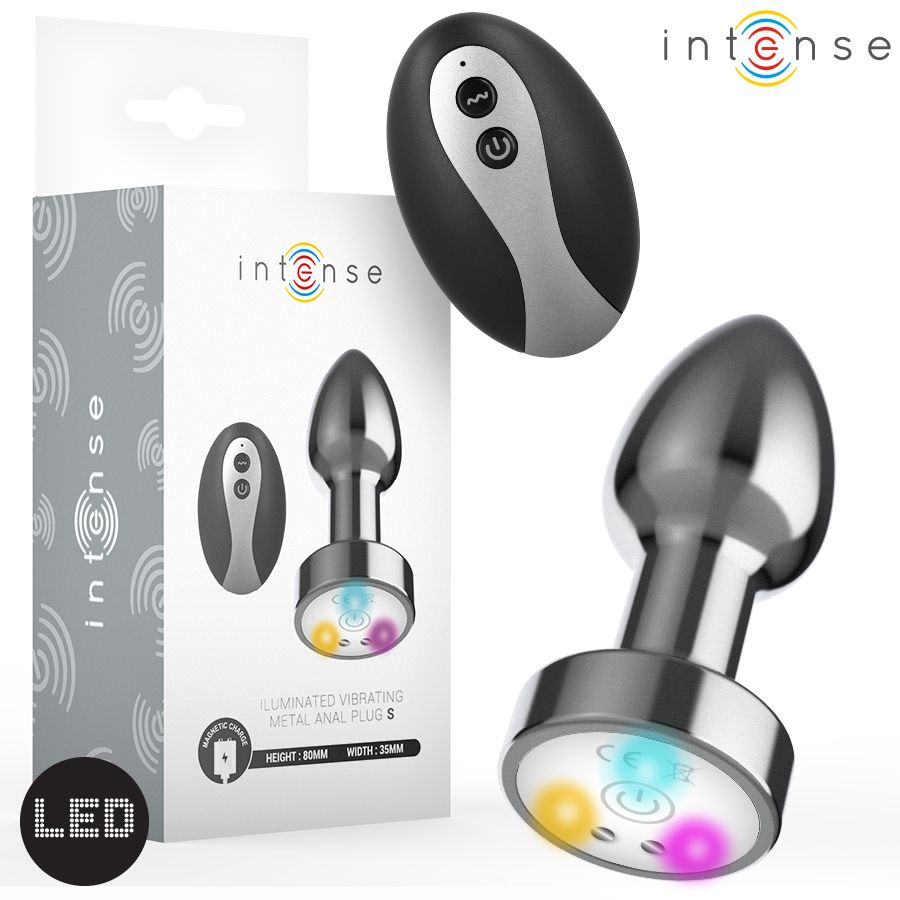 INTENSE - PLUG ANALE VIBRANTE IN METALLO CON LUCI LED E TELECOMANDO - TAGLIA S INTENSE - VIBRATING METAL ANAL PLUG WITH LED LIGHTS AND REMOTE CONTROL - SIZE S