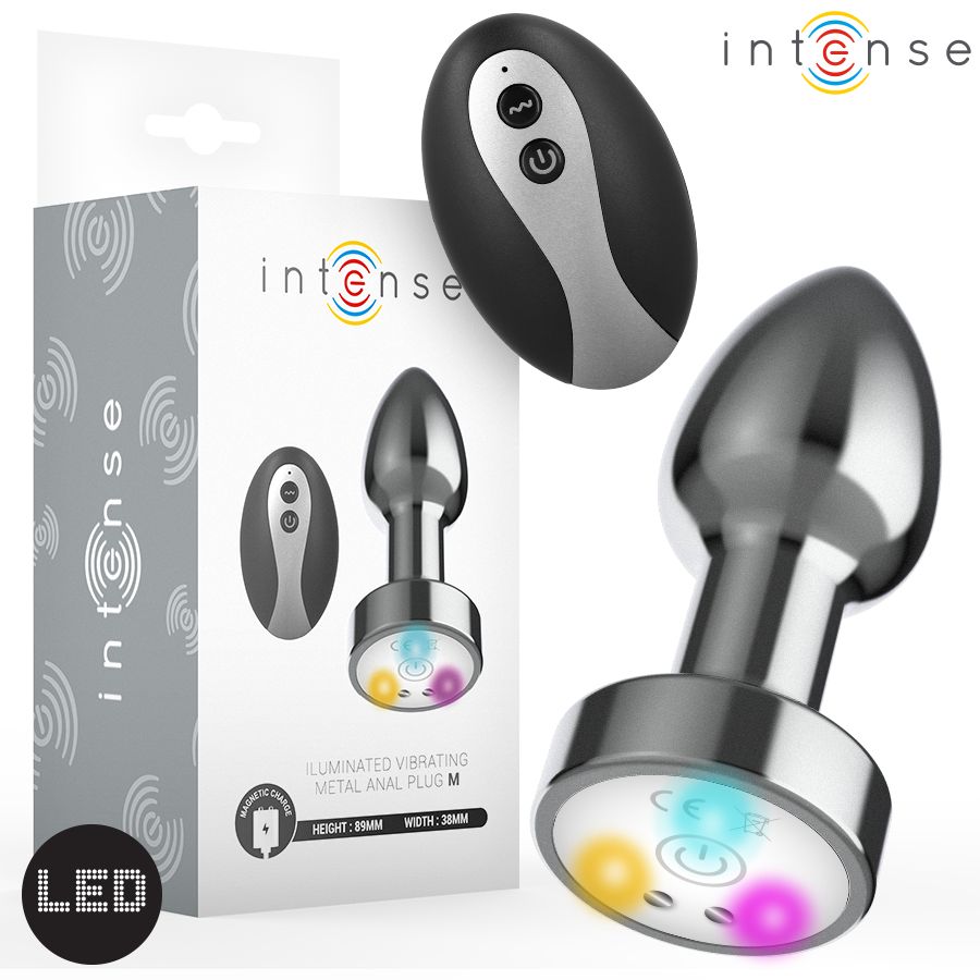 INTENSE - PLUG ANALE VIBRANTE IN METALLO CON LUCI LED E TELECOMANDO - TAGLIA M INTENSE - VIBRATING METAL ANAL PLUG WITH LED LIGHTS AND REMOTE CONTROL - SIZE M