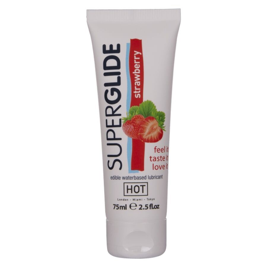 HOT - SUPERGLIDE LUBRIFICANTE COMMESTIBILI A BASE D'ACQUA FRAGOLA 75 ML HOT - SUPERGLIDE EDIBLE LUBRICANT WATERBASED STRAWBERRY 75 ML