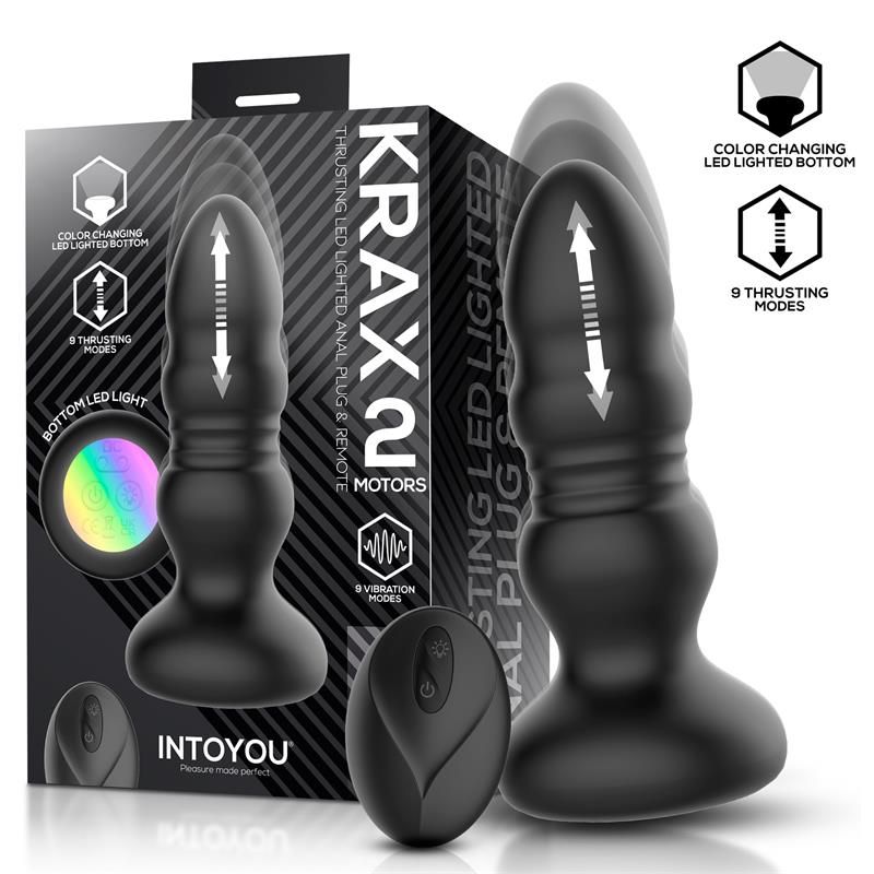 Krax Butt Plug with Vibration, Thrusting, Led Light and Remote Krax Butt Plug with Vibration, Thrusting, Led Light and Remote