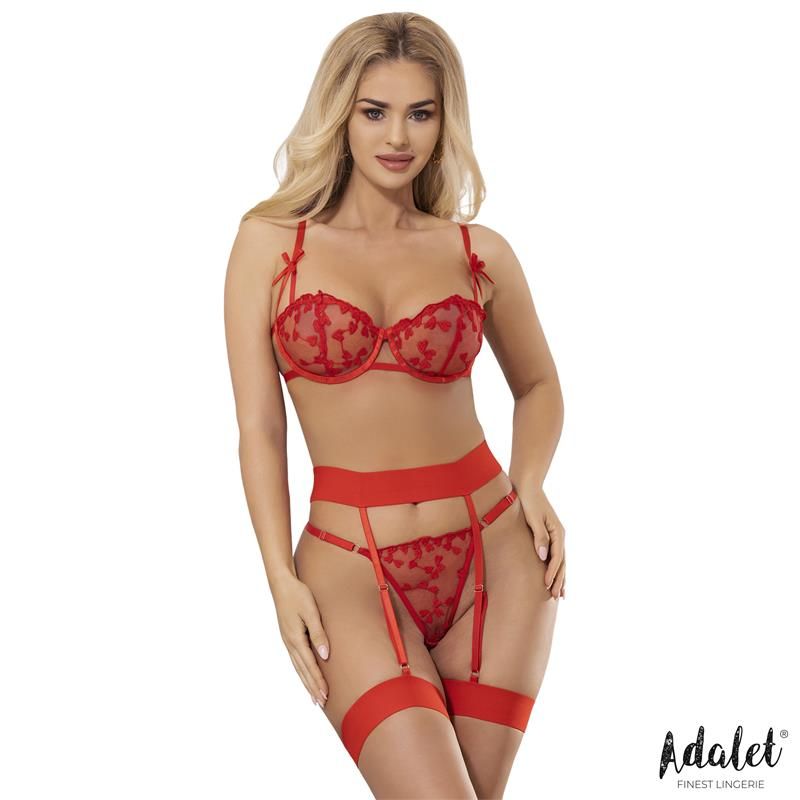 Yvonne bra, thong, and garter belt Set with Hearts Red - Taglia L/XL