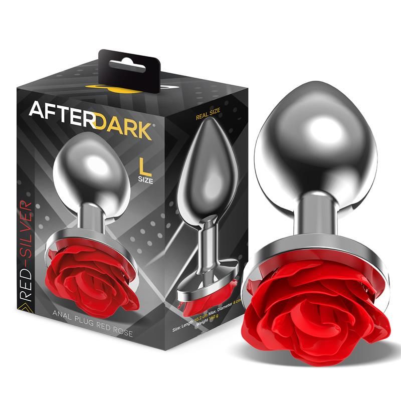Silver Metal Anal Plug with Red Rose Base Size L Silver Metal Anal Plug with Red Rose Base Size L