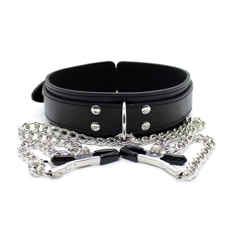 Collar with Nipple Clamps and metal Chain Black Collar with Nipple Clamps and metal Chain Black
