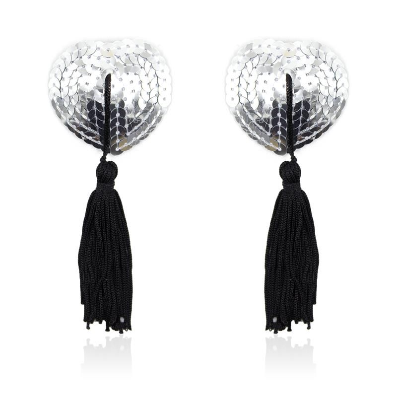 Self-Adhesive Heart Sequin Nipple Cover with Tassel Silver/Black Self-Adhesive Heart Sequin Nipple Cover with Tassel Silver/Black