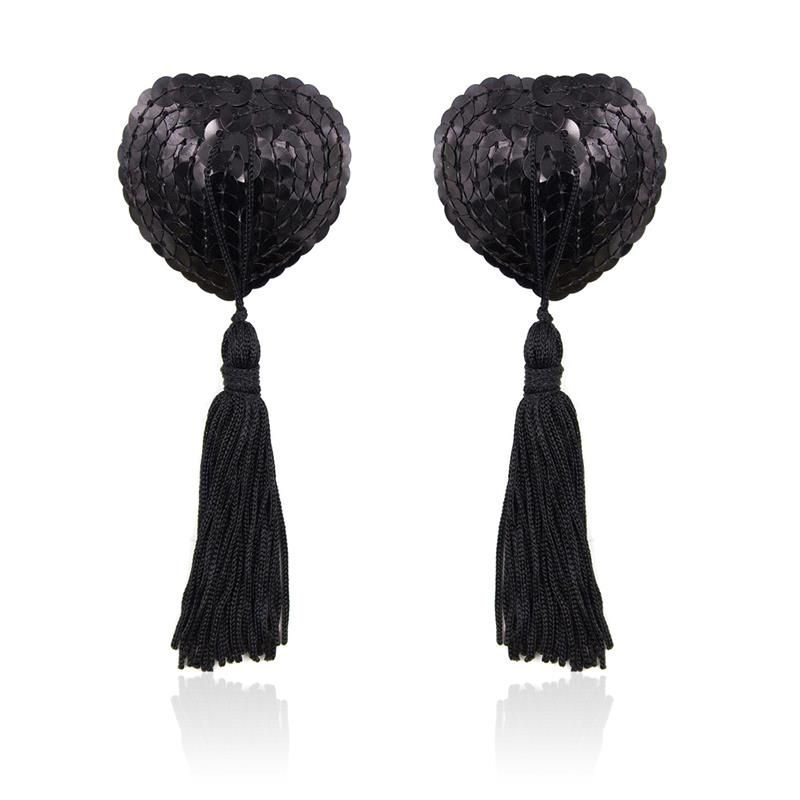 Self-Adhesive Heart Sequin Nipple Cover with Tassel Black Self-Adhesive Heart Sequin Nipple Cover with Tassel Black