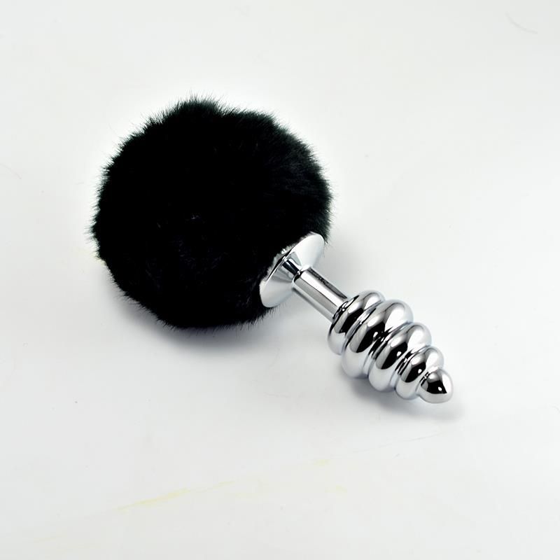 Metal Spiral Butt Plug with Black Pompon Metal Spiral Butt Plug with Black Pompon