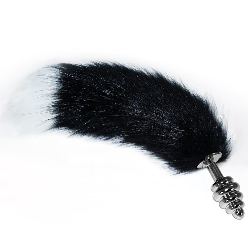 Metal Spiral Butt Plug with Black and White Fox Tail Metal Spiral Butt Plug with Black and White Fox Tail