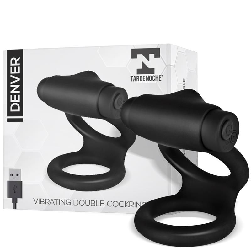 Denver Double Cockring with Vibrating Bullet USB Silicone Black Denver Double Cockring with Vibrating Bullet USB Silicone Black