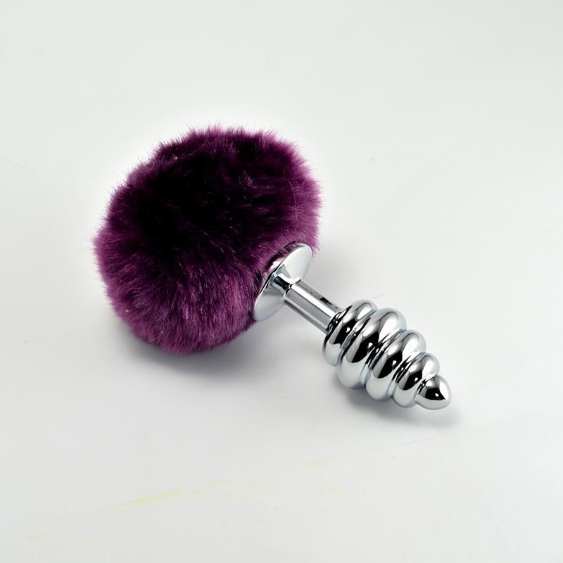 Metal Spiral Butt Plug with Purple Pompon Metal Spiral Butt Plug with Purple Pompon