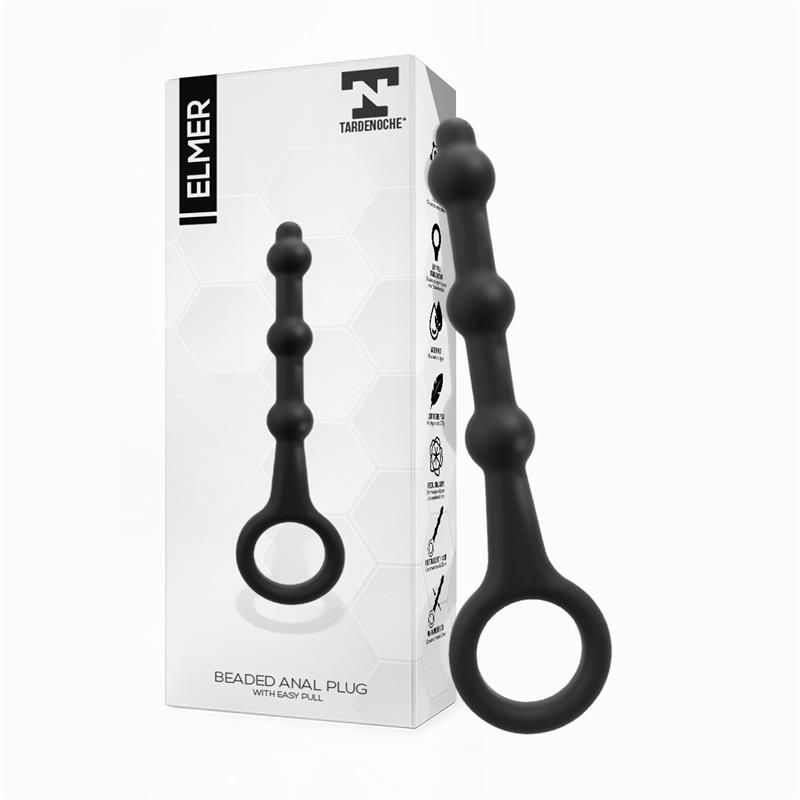 Elmer Beaded Butt Plug with Easy Pull Ring Silicone Black Elmer Beaded Butt Plug with Easy Pull Ring Silicone Black