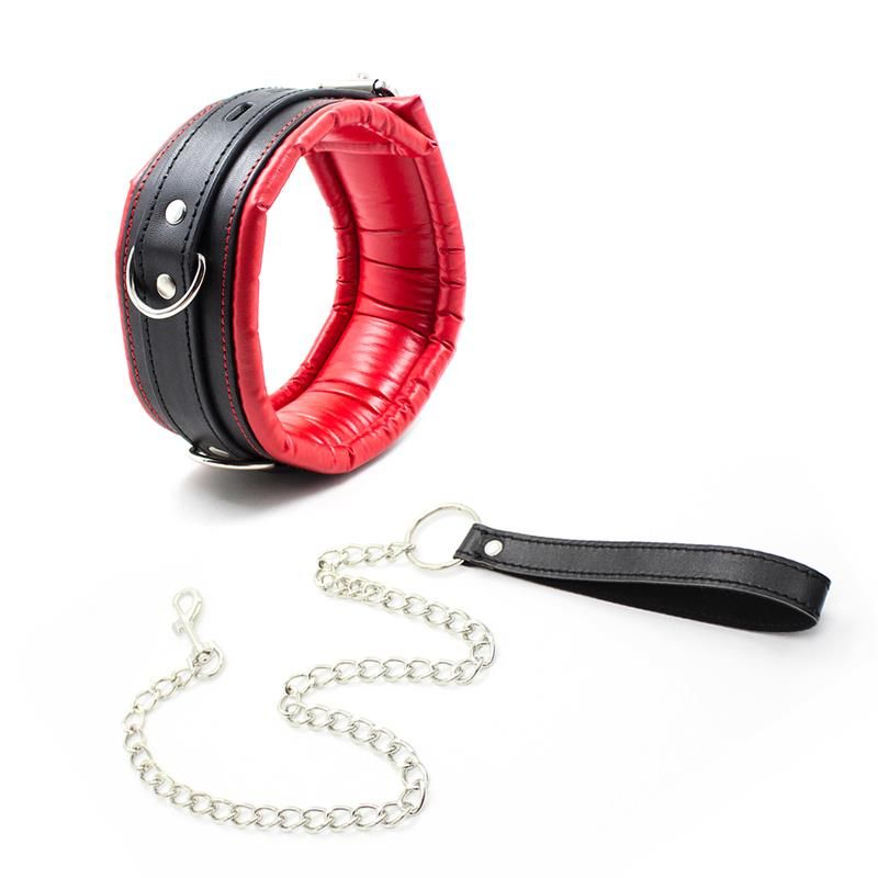Collar With Metal Leash Padded Interior Red/Black Collar With Metal Leash Padded Interior Red/Black