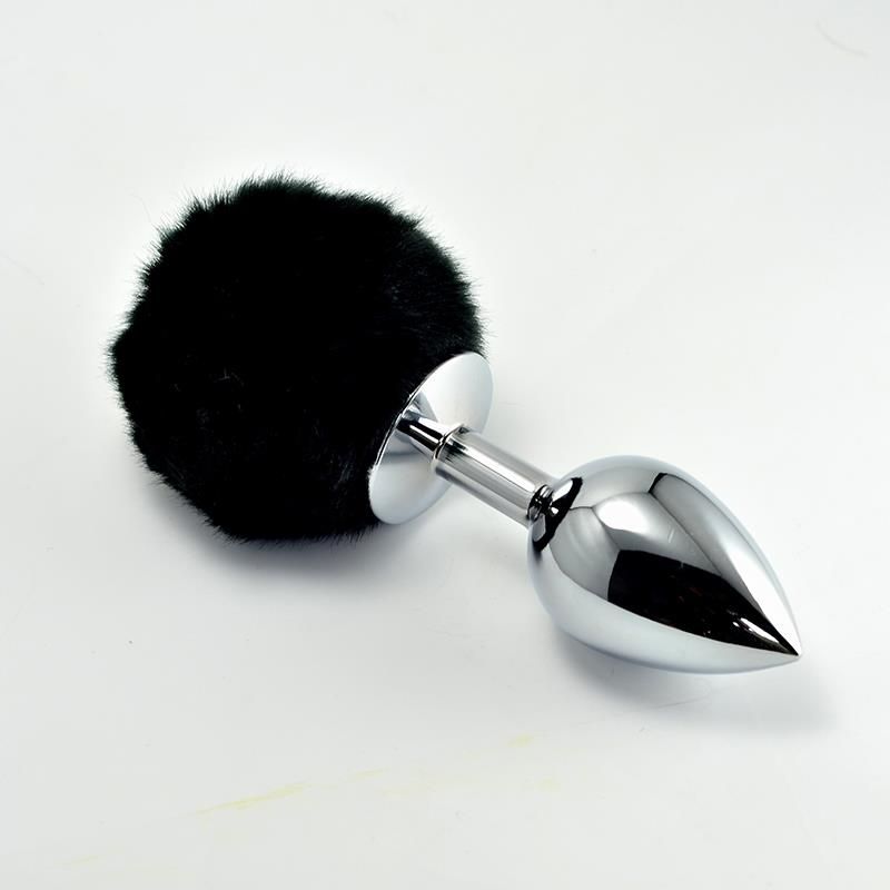 Metal Butt Plug with Black Pompon Size S Metal Butt Plug with Black Pompon Size S