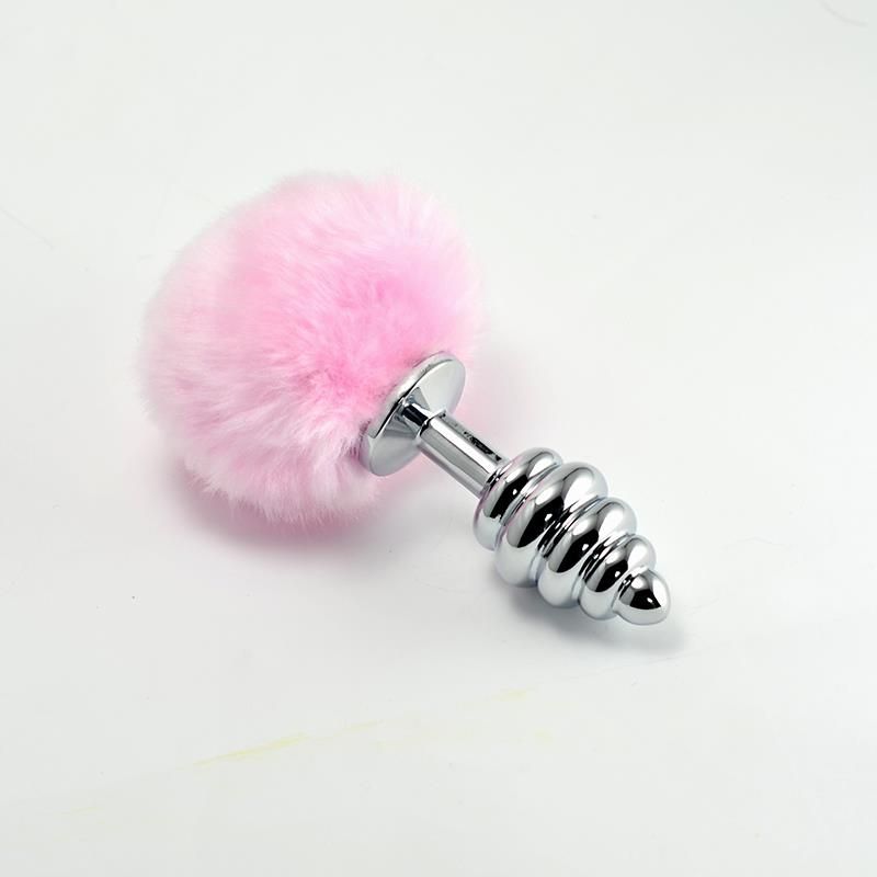 Metal Spiral Butt Plug with Pink Pompon Metal Spiral Butt Plug with Pink Pompon