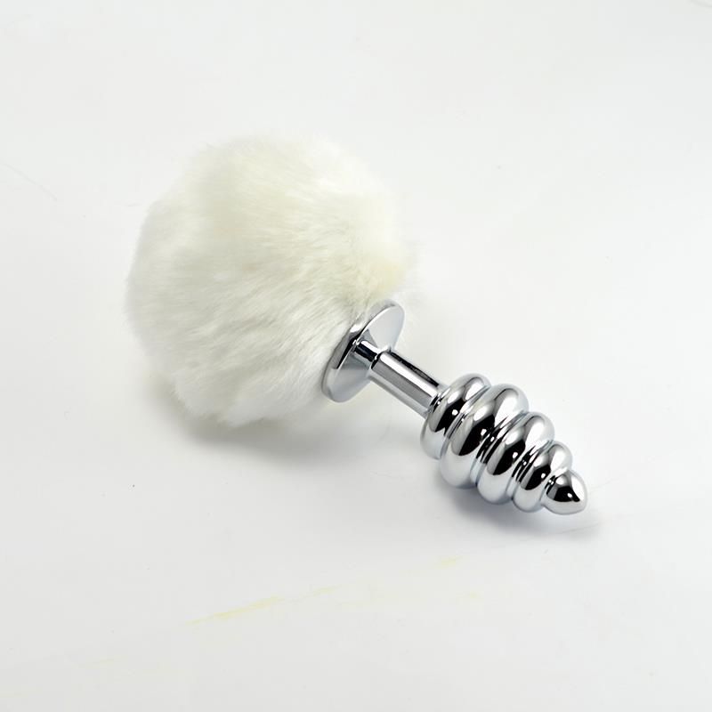 Metal Spiral Butt Plug with White Pompon Metal Spiral Butt Plug with White Pompon