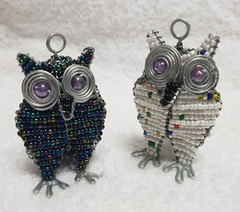 Hand beaded Owl key ring- White