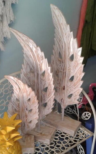 Carved wooden feathers, set of 3- White wash