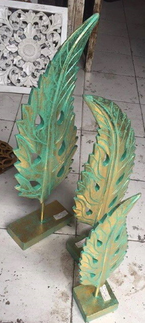 Carved wooden leaves, Set of 3- green/gold
