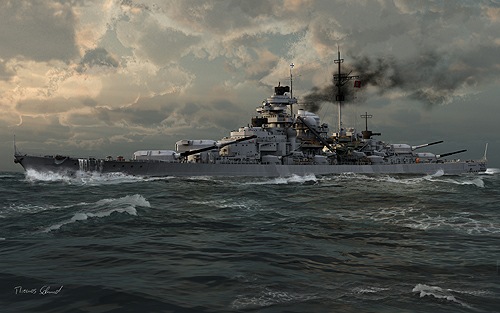 Bismarck engages HMS Hood and HMS Prince of Wales.