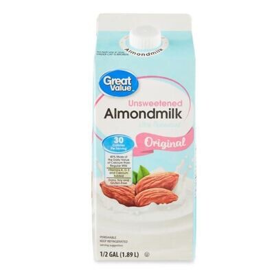 Almond Milk, Great Value® Unsweetened Original Almond Milk (½ Gallon Carton)