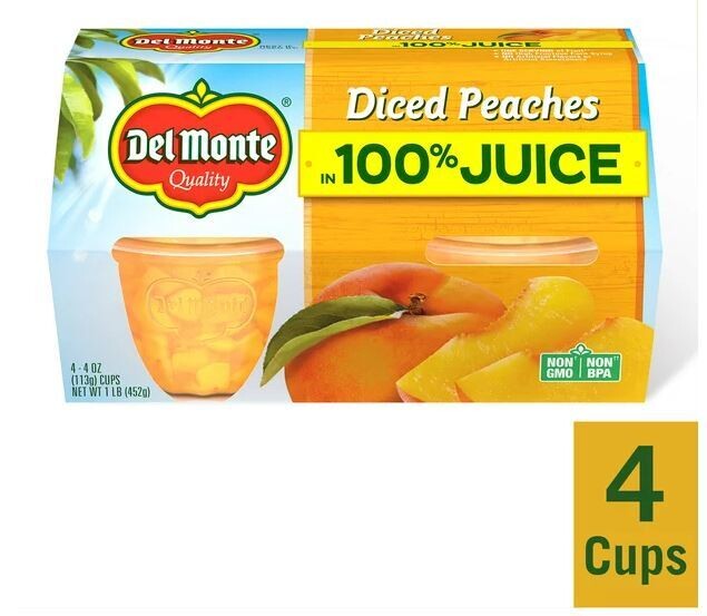 Snack Fruit, Del Monte® Diced Peaches in 100% Juice (4 oz Cups, 4 Count)