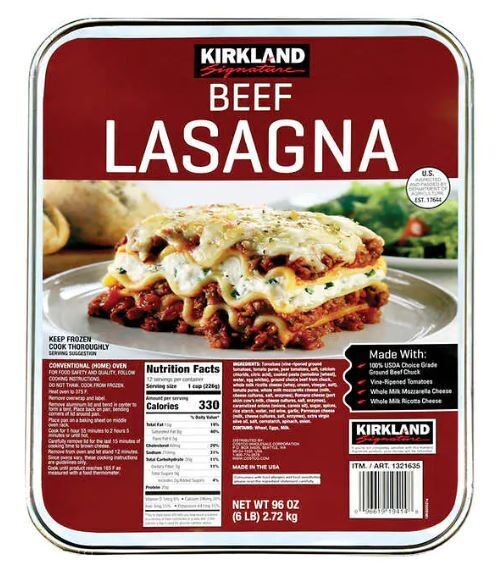 Frozen Lasagna, Kirkland Signature® Beef Lasagna (Costco Size, 96 oz Tray)