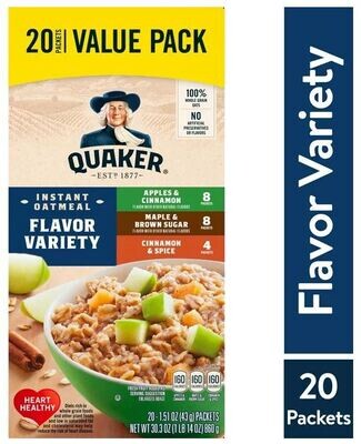 Hot Cereal, Quaker® Flavor Variety Instant Oatmeal (1.51 oz Servings, 20 Individual Packets)