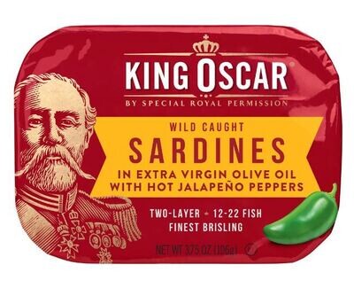 Canned Seafood, King Oscar® Sardines in Extra Virgin Olive Oil with Hot Jalapeno Peppers (3.75 oz Can)