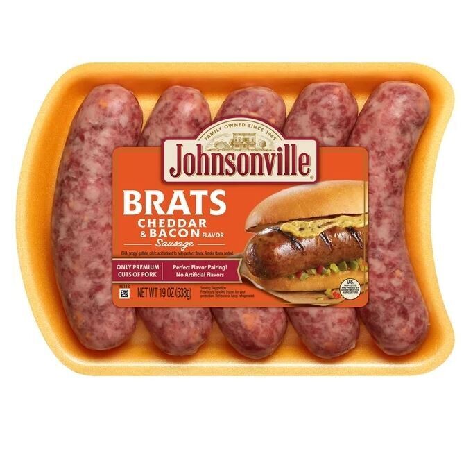 Bratwurst Sausage, Johnsonville® Cheddar &amp; Bacon Pork Brats (5 Links, 19 oz Tray)