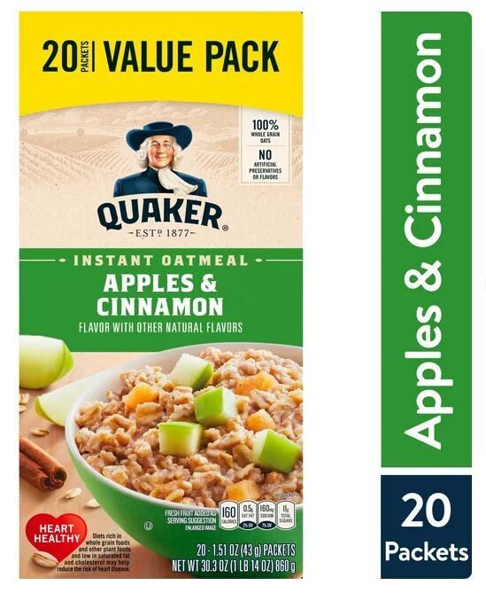 Hot Cereal, Quaker® Apples &amp; Cinnamon Instant Oatmeal (1.51 oz Servings, 20 Individual Packets)