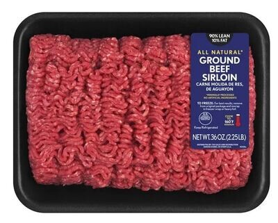 Frozen Beef, Ground Beef Sirloin-90% Lean/10% Fat (2.25 lb Tray)