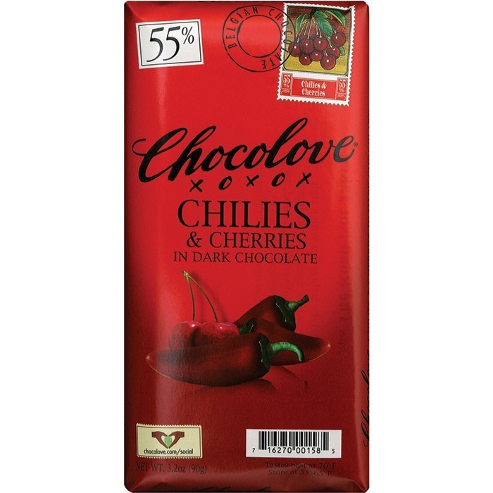 Chocolate Bar, Chocolove XOXOX® Chilis & Cherries in Dark Chocolate (3.2 oz Bar)