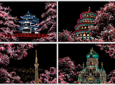 Scratch Art 4 piece set postcards, Cherry Blossom