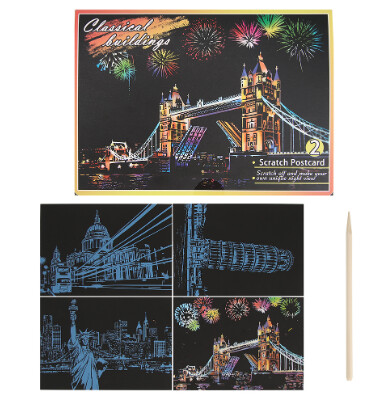 Scratch Art 4 piece set postcards, Classical Buildings