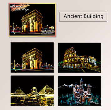 Scratch Art 4 piece set postcards, Ancient Buildings