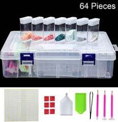 64 Tik Tak Bottles, storage case with labels, wax, pick up pens, tweezer and 2 trays