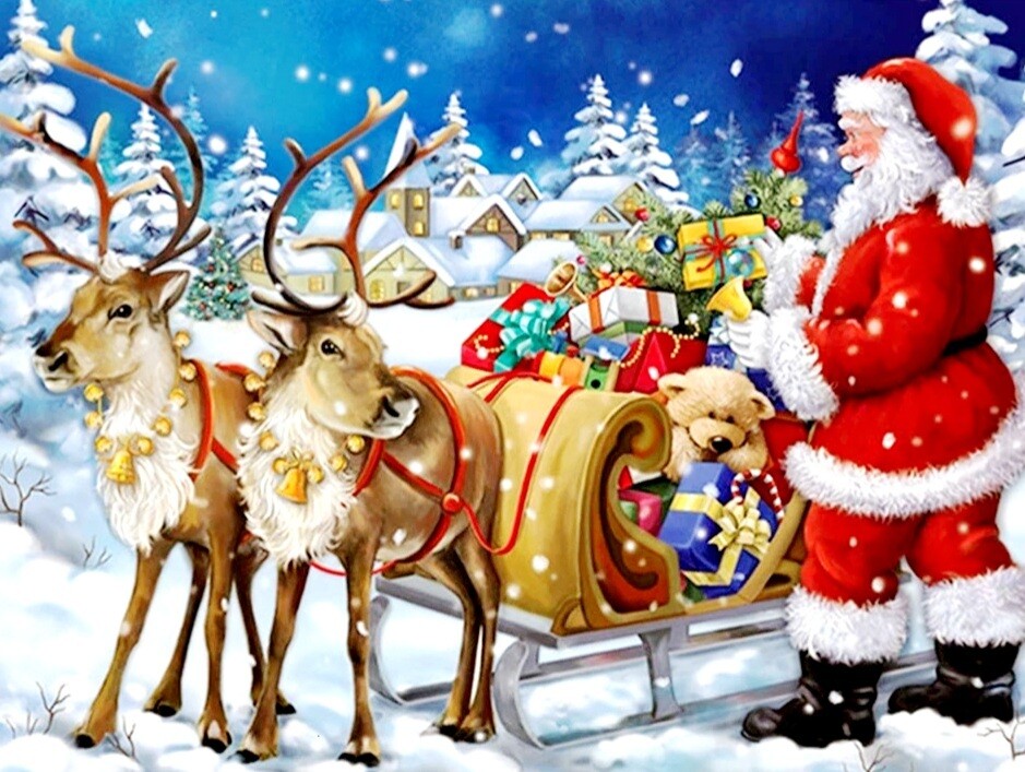 5D DIY Diamond Painting Kit Santa and his Reindeers 50 x 70cm FULL DRILL Round on poured glue