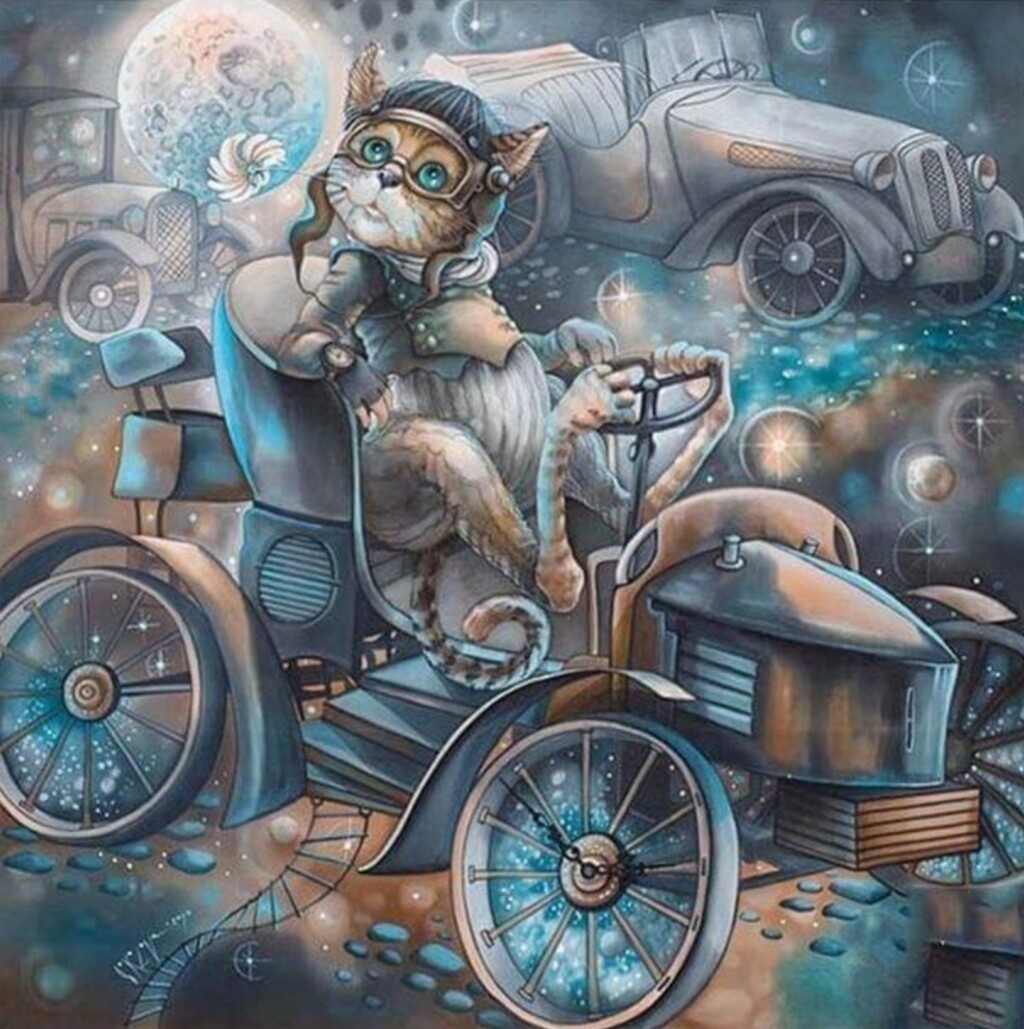 5D DIY Diamond Painting Kit Vintage Cat rider 60 x 60cm FULL DRILL Round on poured glue