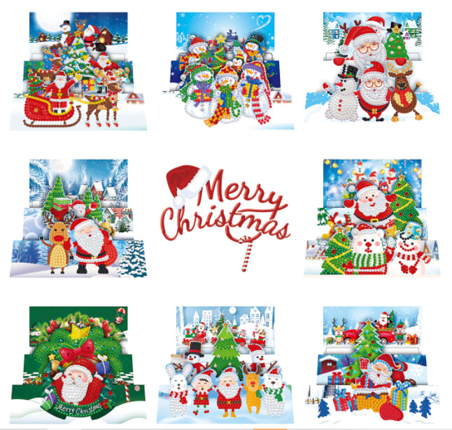 DIY Diamond Painting pack of 8 3D Foldable Christmas cards ROUND DRILLS HK208