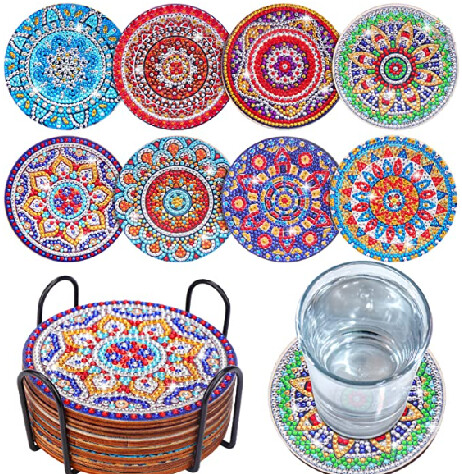 Diamond Painting Set of 8 Mandala coasters with stand