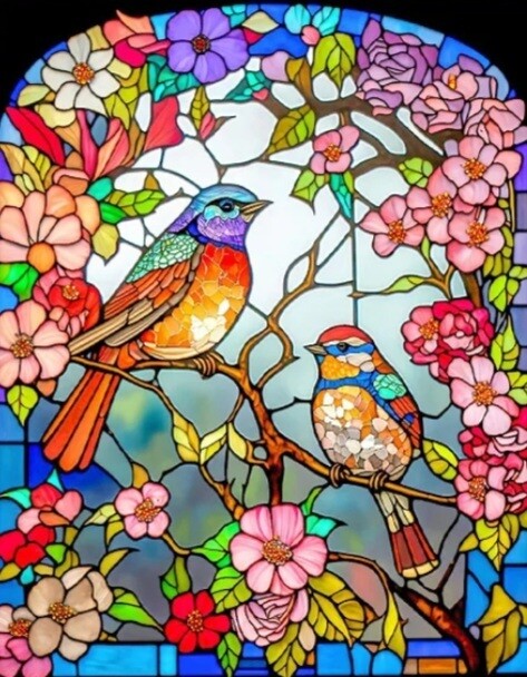 5D DIY Diamond Painting Kit Glass Stained Birds 40 x 50cm FULL DRILL Square on poured glue