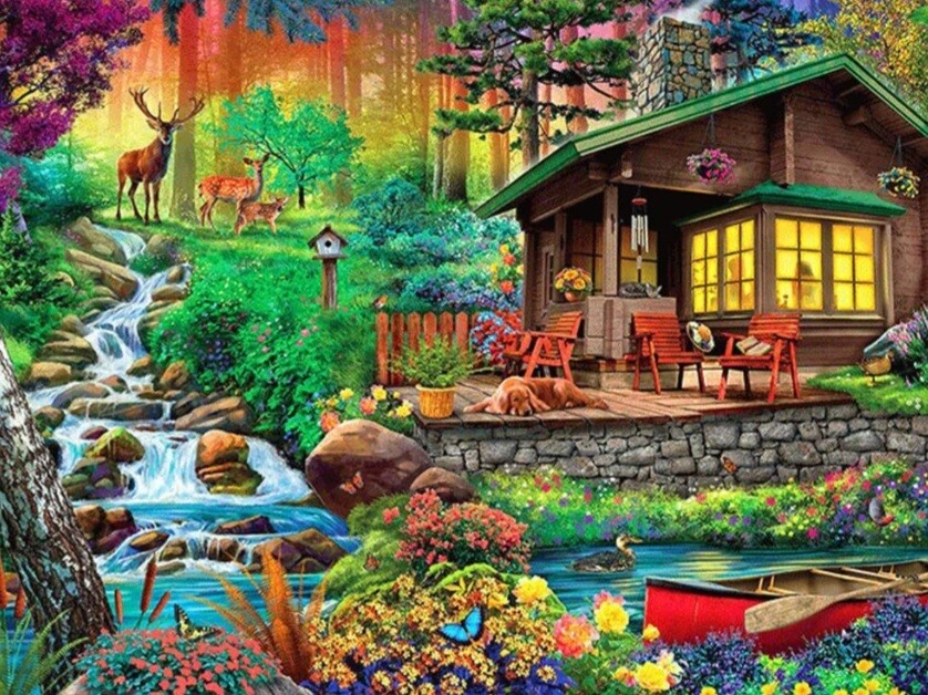 5D DIY Diamond Painting Kit Cabin in the woods 50 x 70cm FULL DRILL Round - poured glue