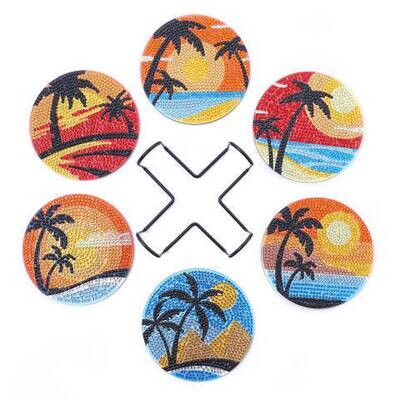 Diamond Painting Set of 6 Sunset Beach coasters with stand