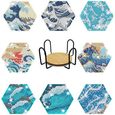 Diamond Painting Set of 8 Great 
wave Hexagon coasters with stand