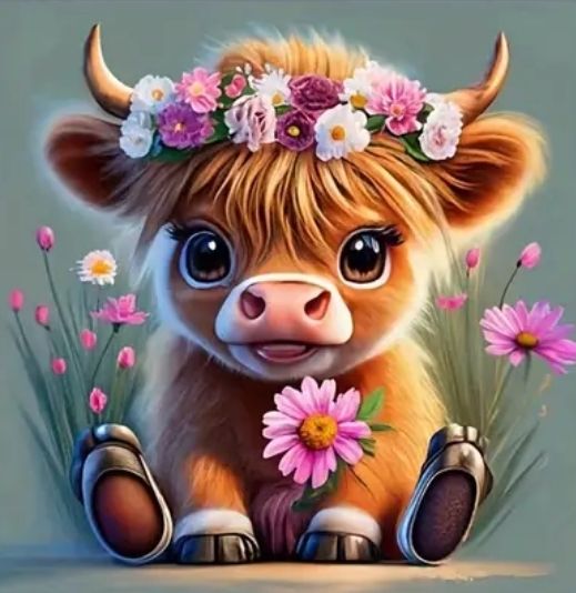 5D DIY Diamond Painting Kit Animated Highland Calf 50 x 50cm FULL DRILL ROUND - poured glue canvas