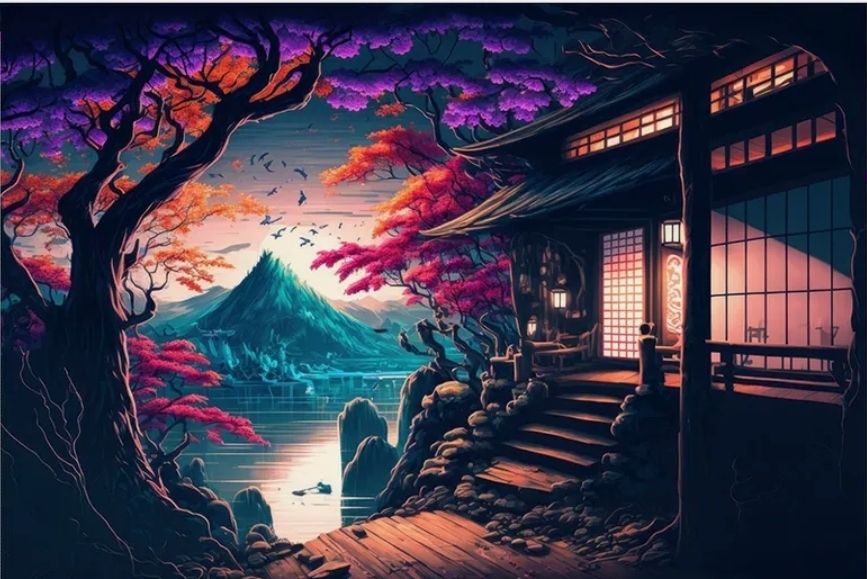 5D DIY Diamond Painting Kit Tranquility at Mount Fuji 40 x 50cm FULL DRILL Square on poured glue