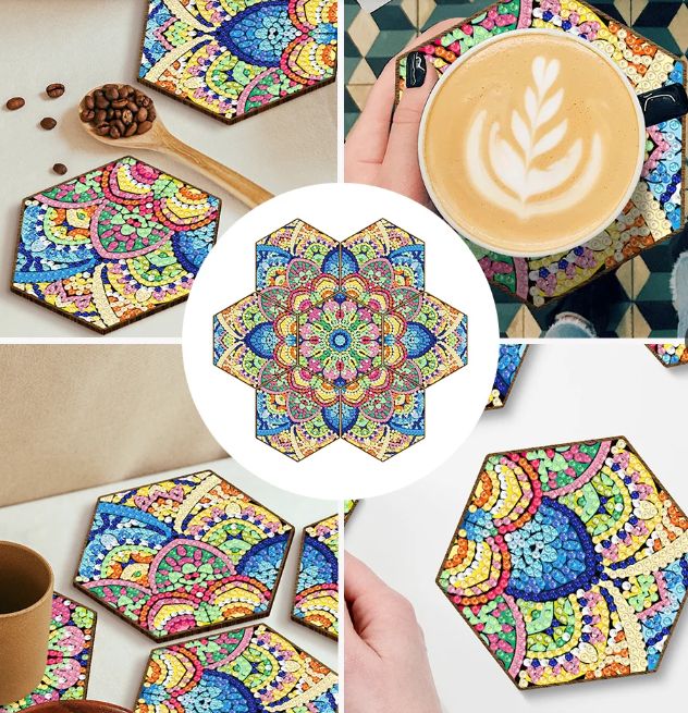 Diamond Painting Set of 7 Large Mandala Print coasters with stand