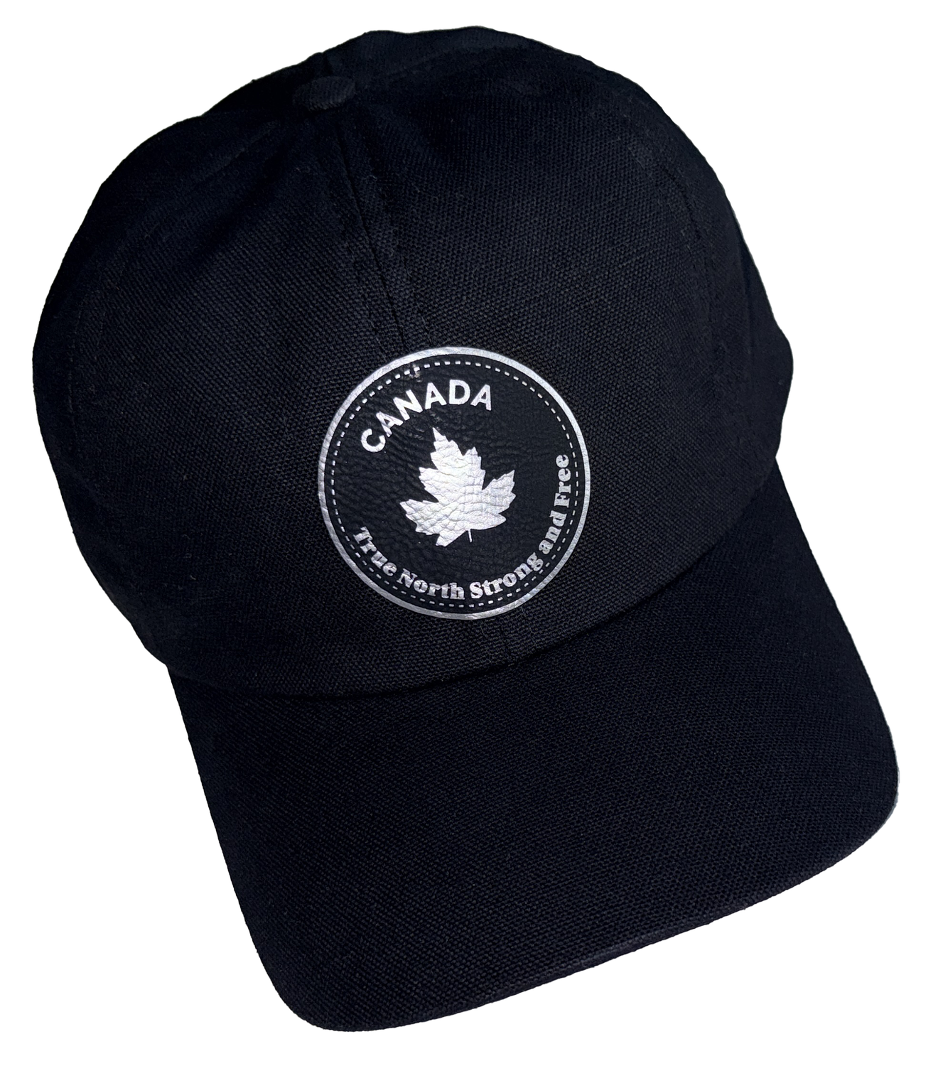 Logo, Black Baseball Cap with Faux Black/Silver Leather Emblem