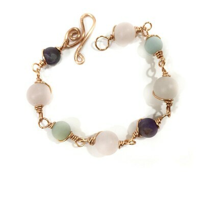 Copper bracelet with Rose Quartz, Amazonite and Amethyst frosted beads