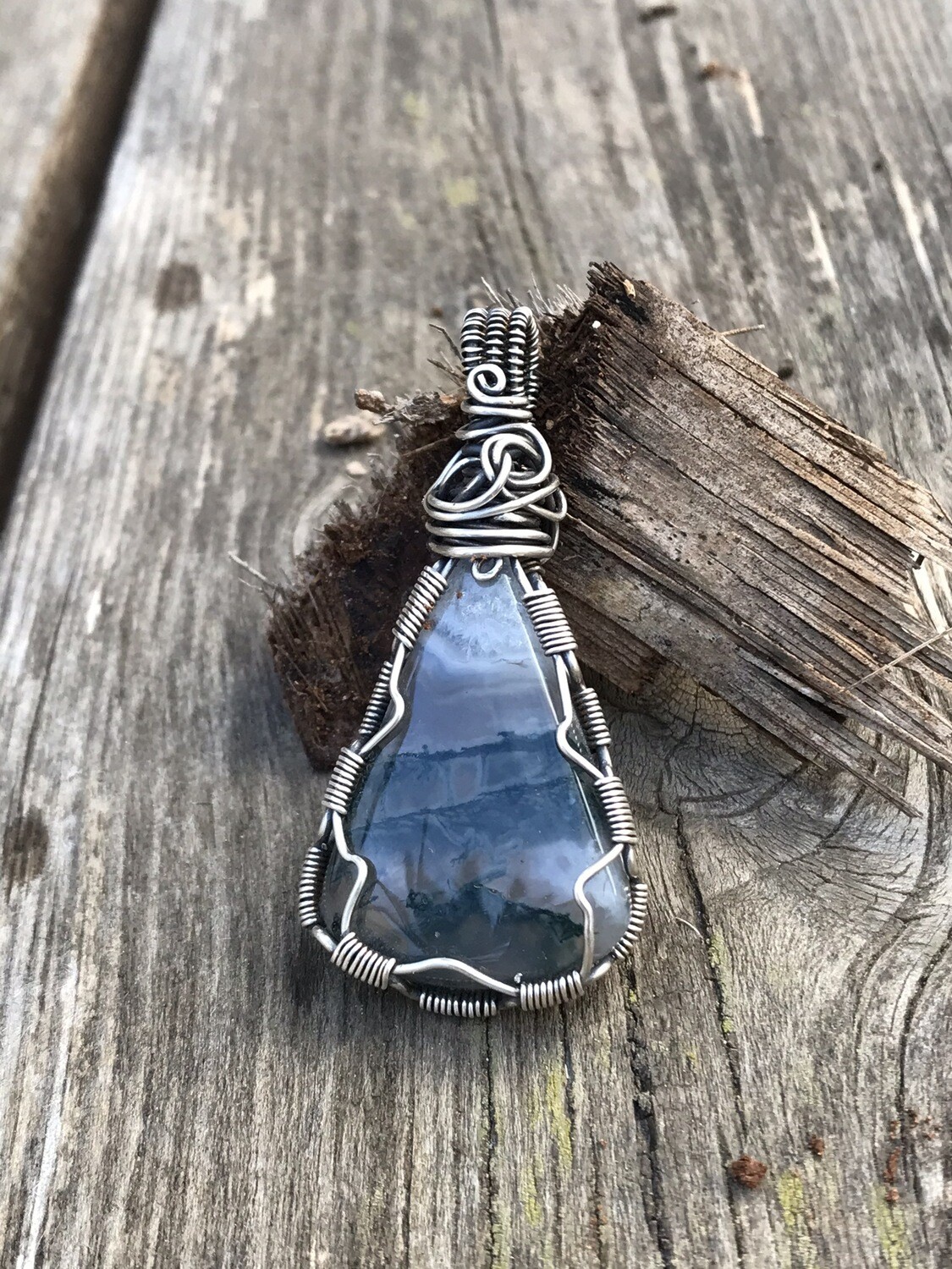 Solar Moss Agate Cabochon Gemstone Sterling Silver Wire Wrapped Pendant