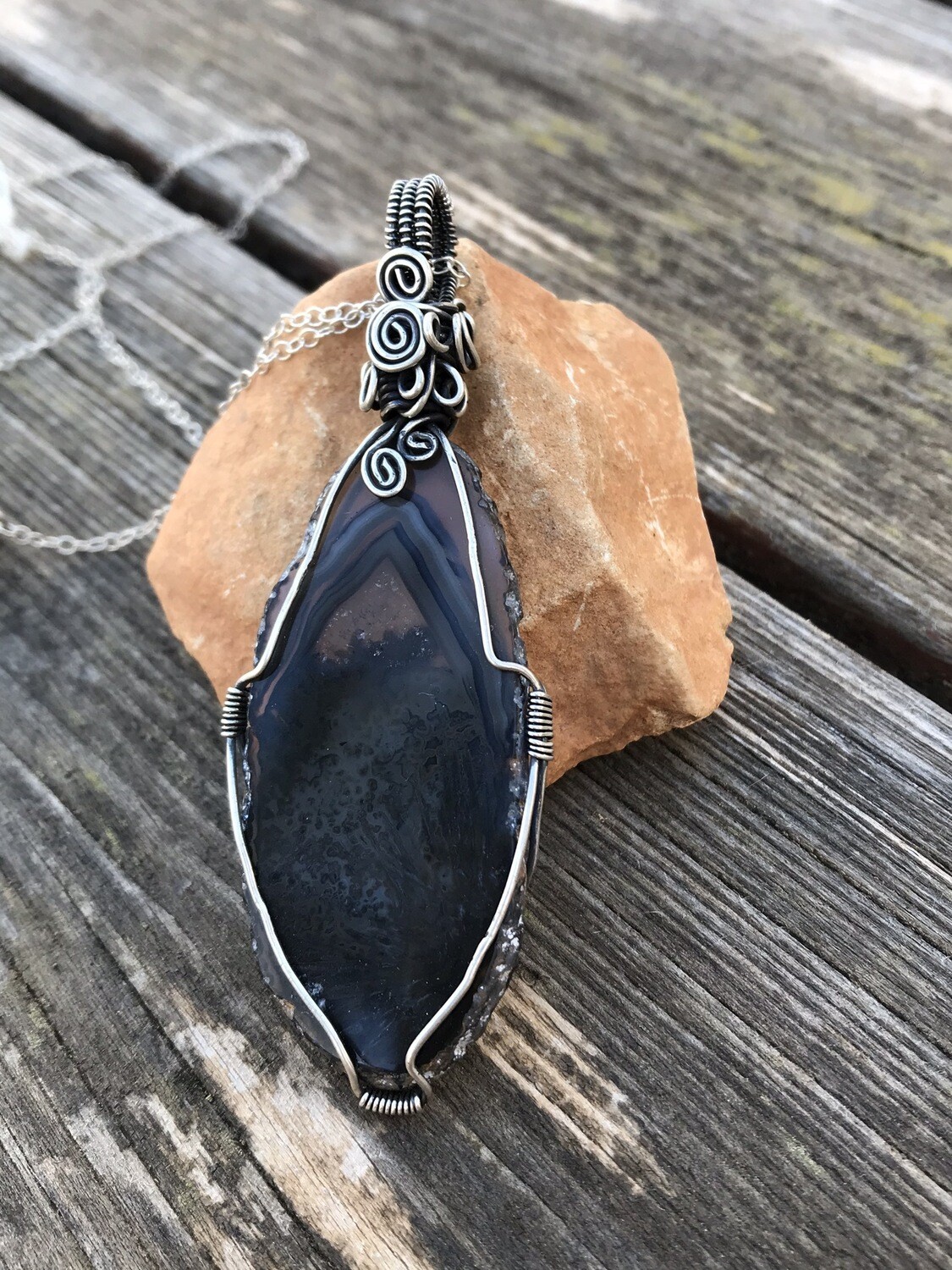 Grey Agate Gemstone Sterling Silver Wire Wrapped Pendant